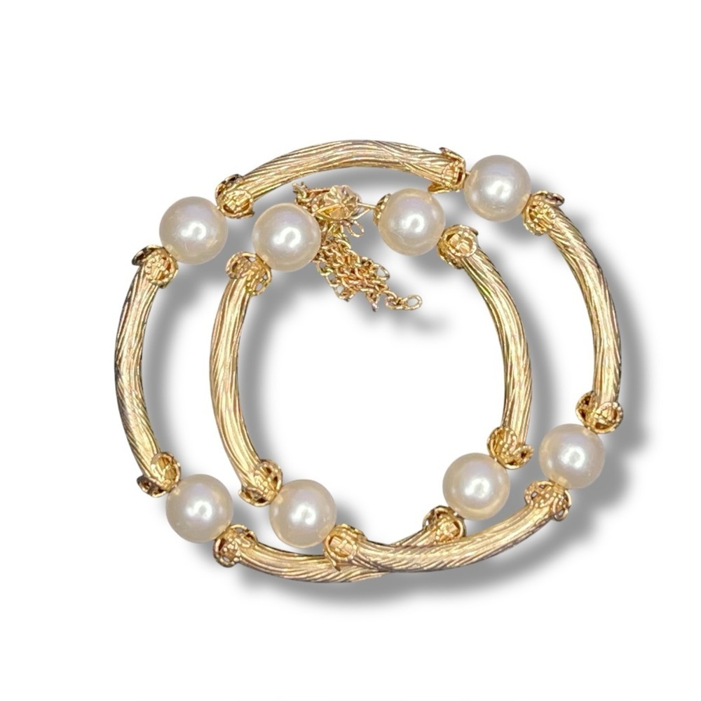 Vintage Gold Plated Wrap Memory Bracelet Tassels Faux Pearl Retro Glam Wedding